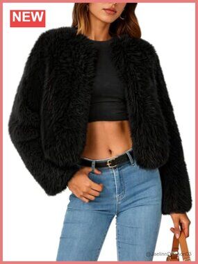 Faux Fur Cropped Jacket Fluffy Winter Coat Hook Closure